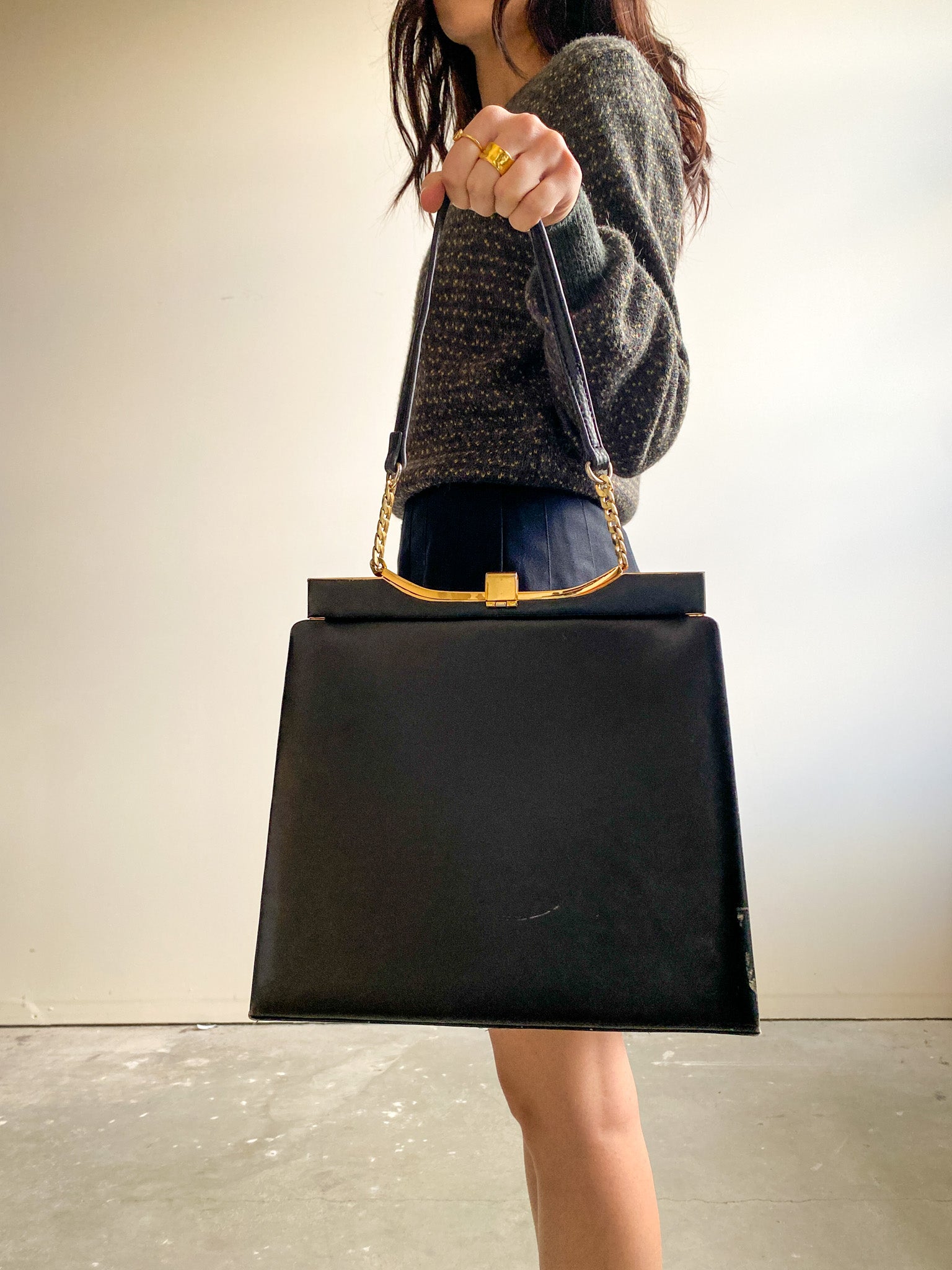 Vintage Black Leather Structured Purse with Gold Hardware