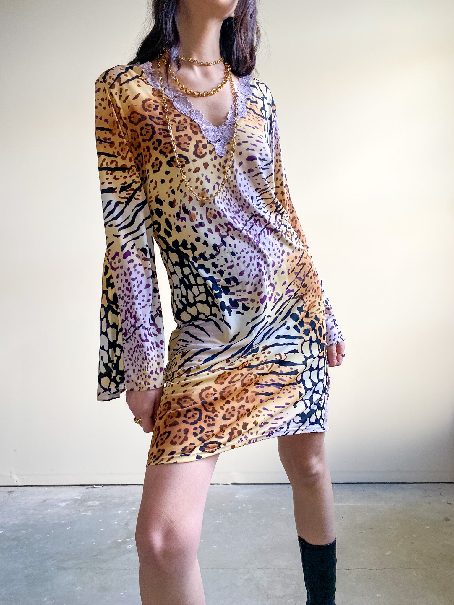 Animal Print Nightgown with Lavender Lace Trim (M)