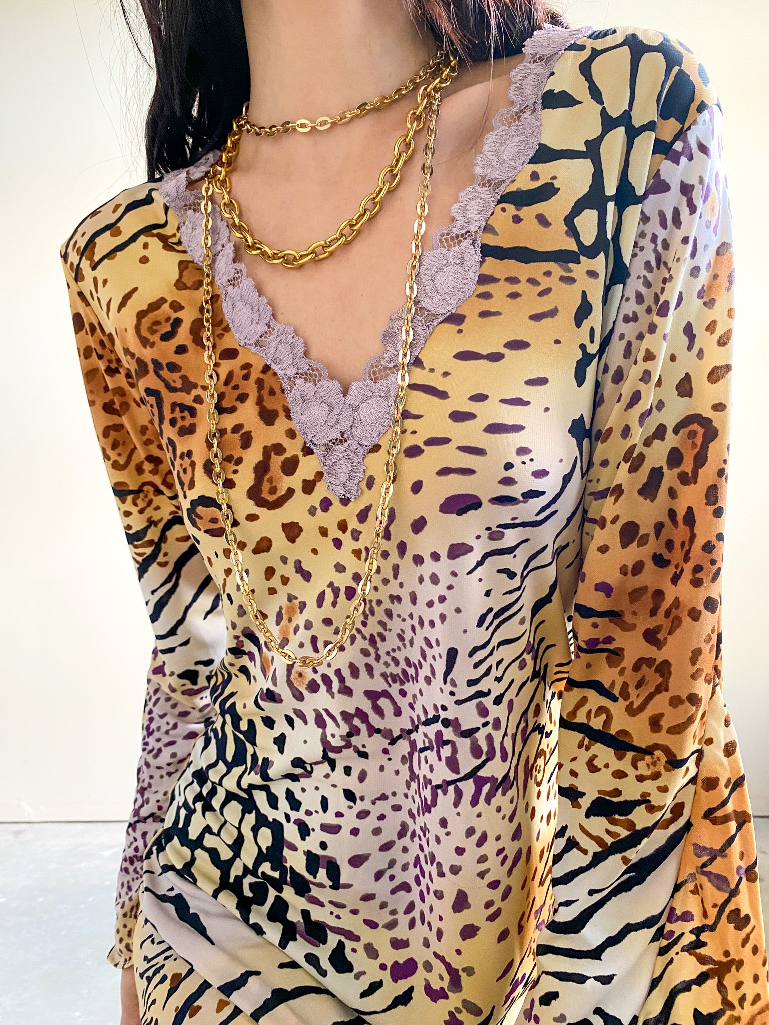 Animal Print Nightgown with Lavender Lace Trim (M)