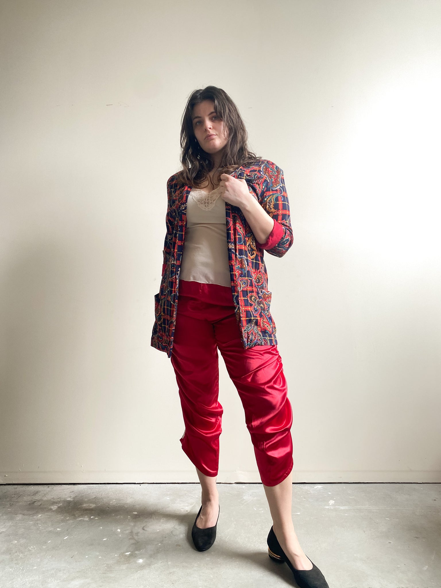 Red Satin Shirred Pants (L)