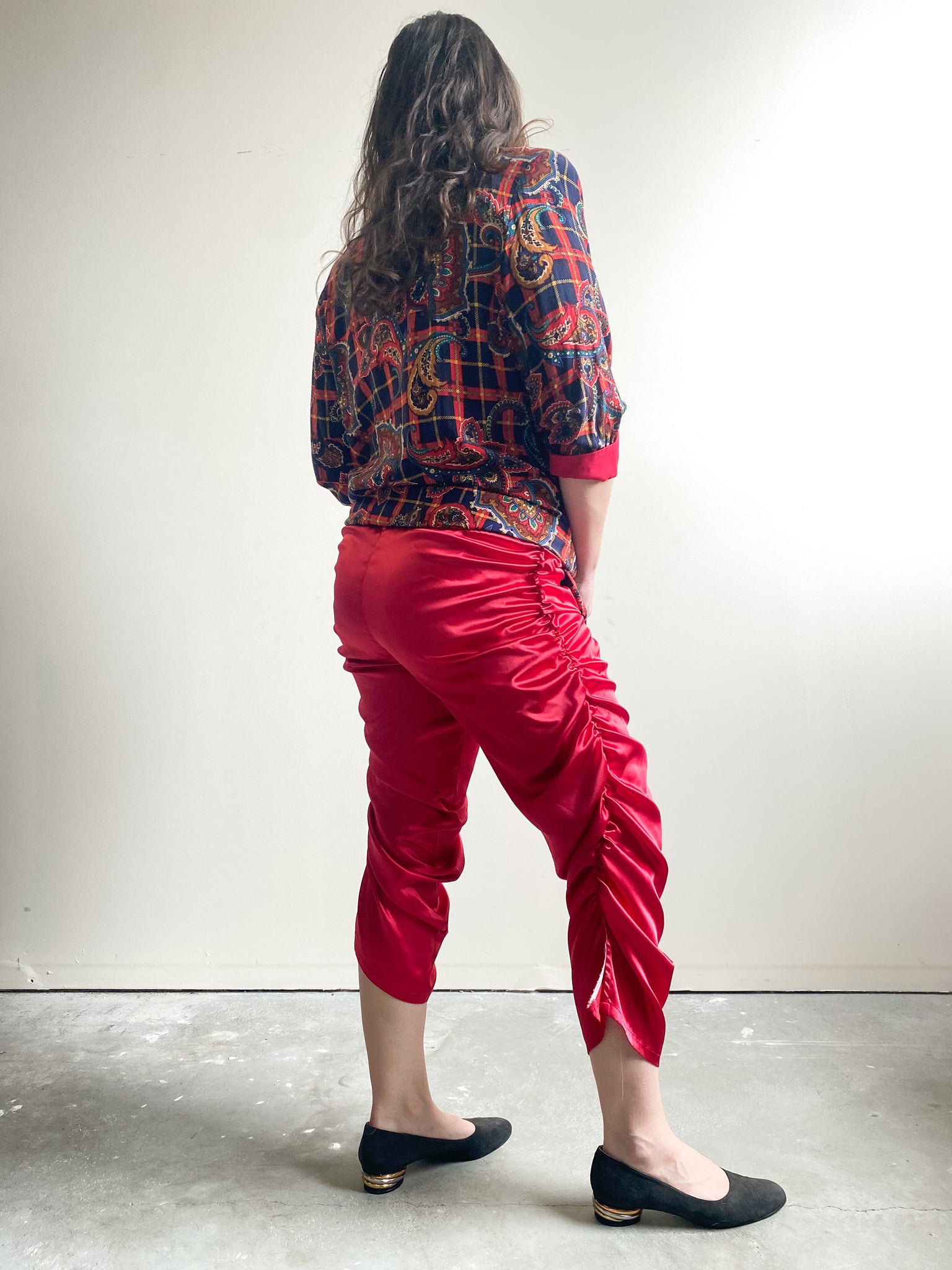 Red Satin Shirred Pants (L)