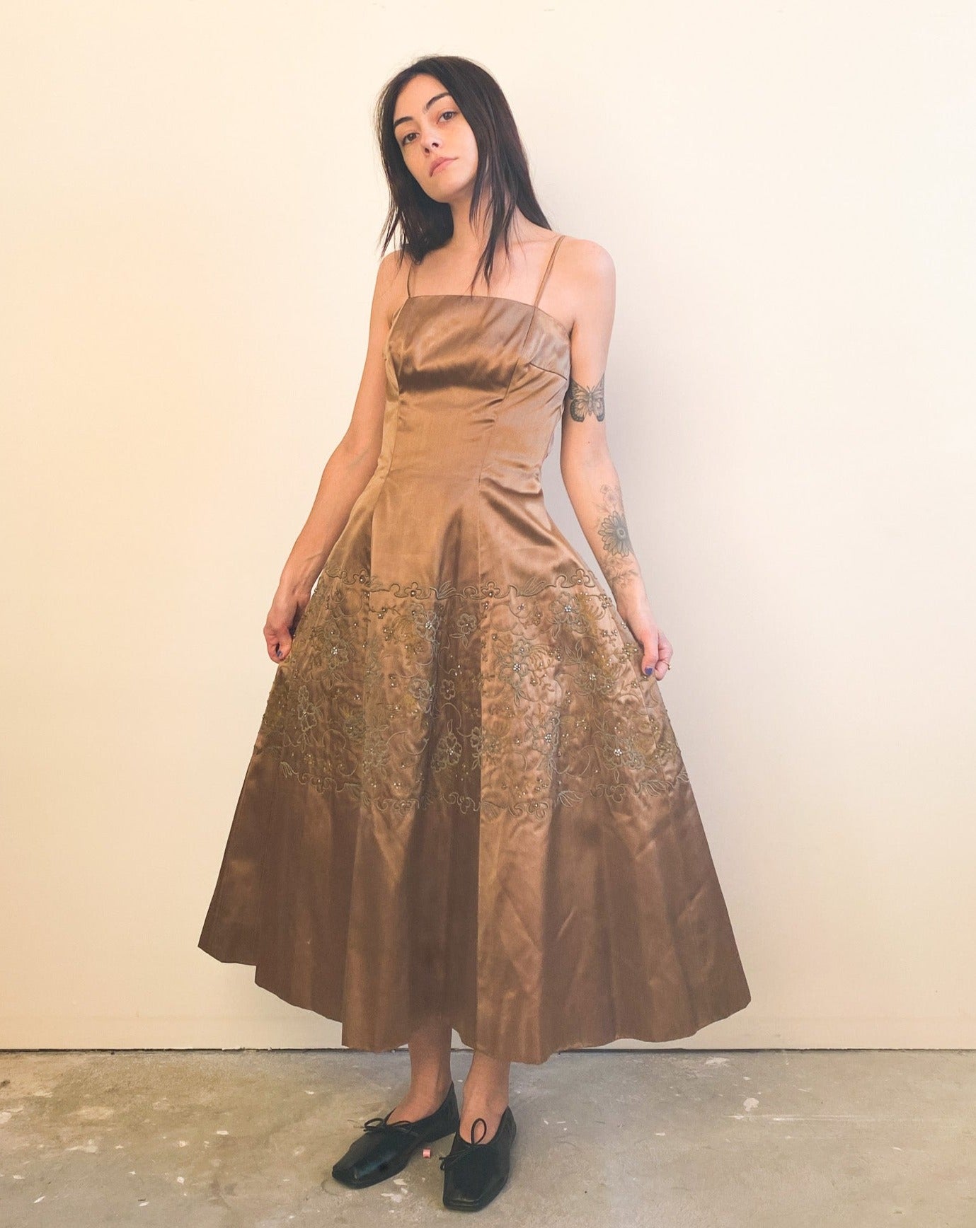 Vintage Brown Satin Floral Embroidered Beaded Evening Dress (S)
