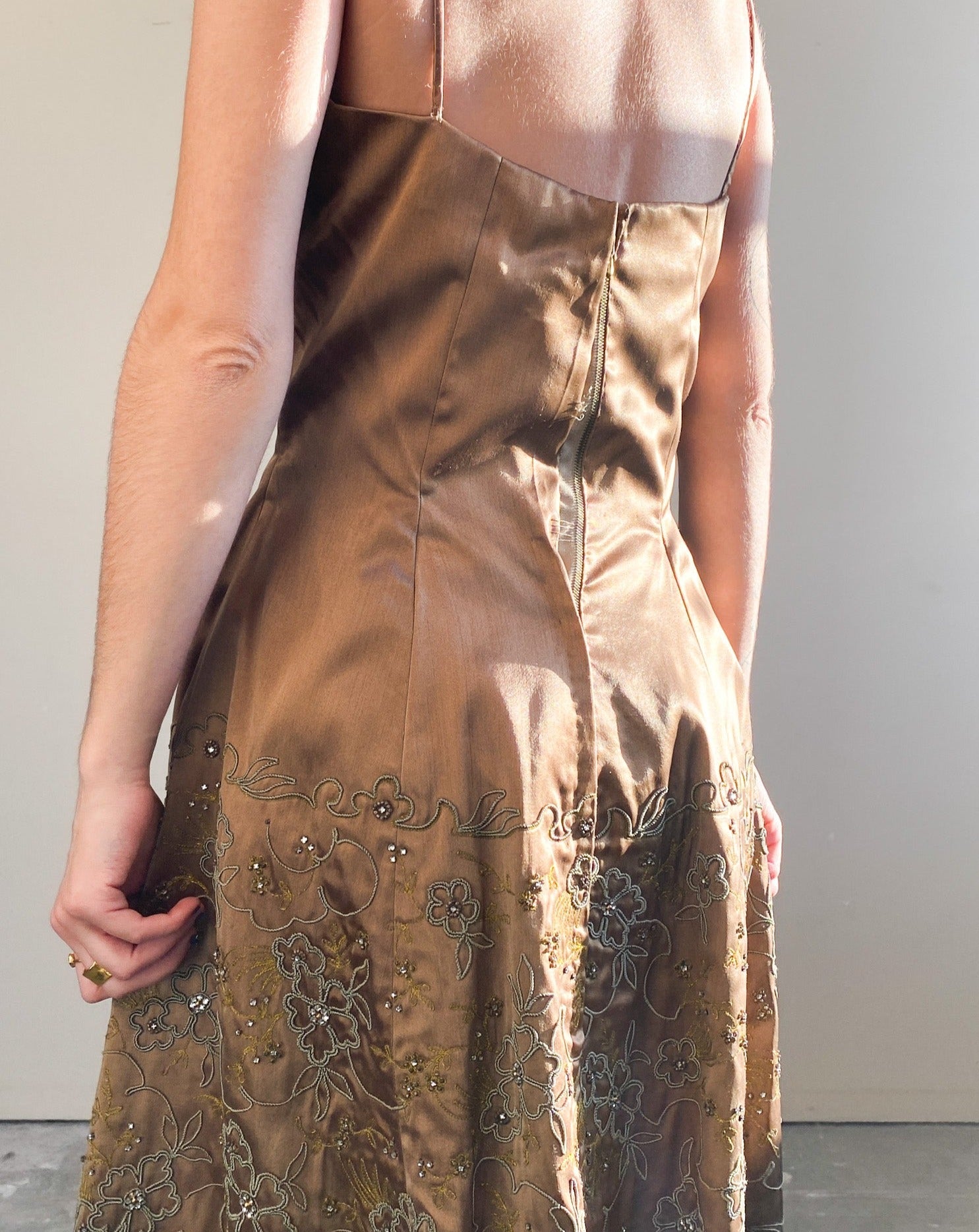 Vintage Brown Satin Floral Embroidered Beaded Evening Dress (S)