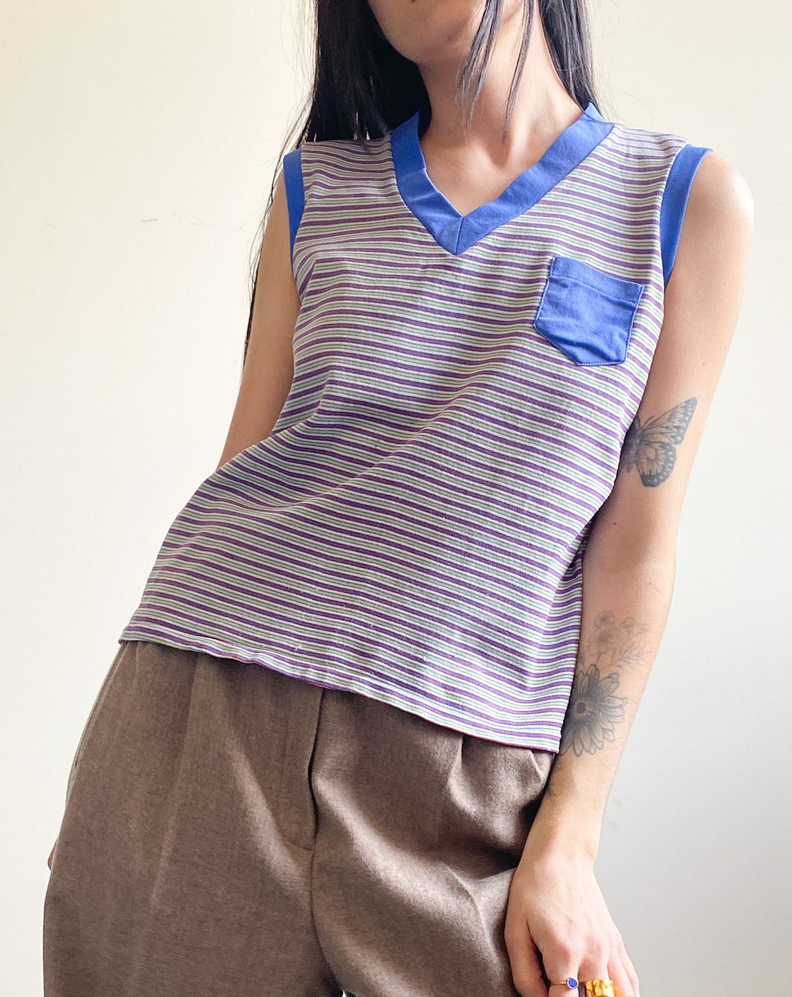 90's Striped Tank Top With Pocket (M)