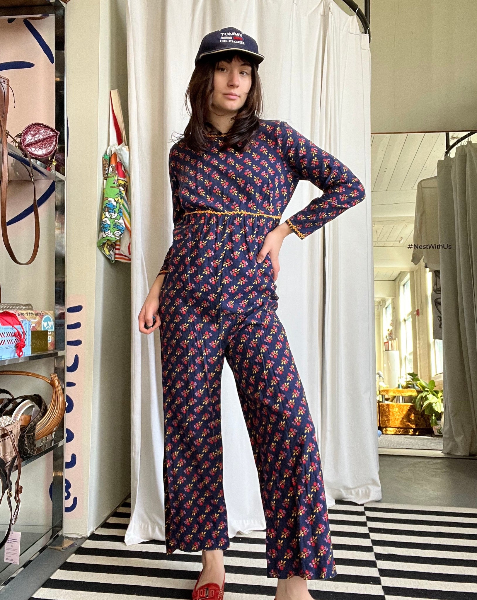 Vintage Blue, Red and Yellow Long Sleeve Floral Print Jumpsuit (M) – The  Nest