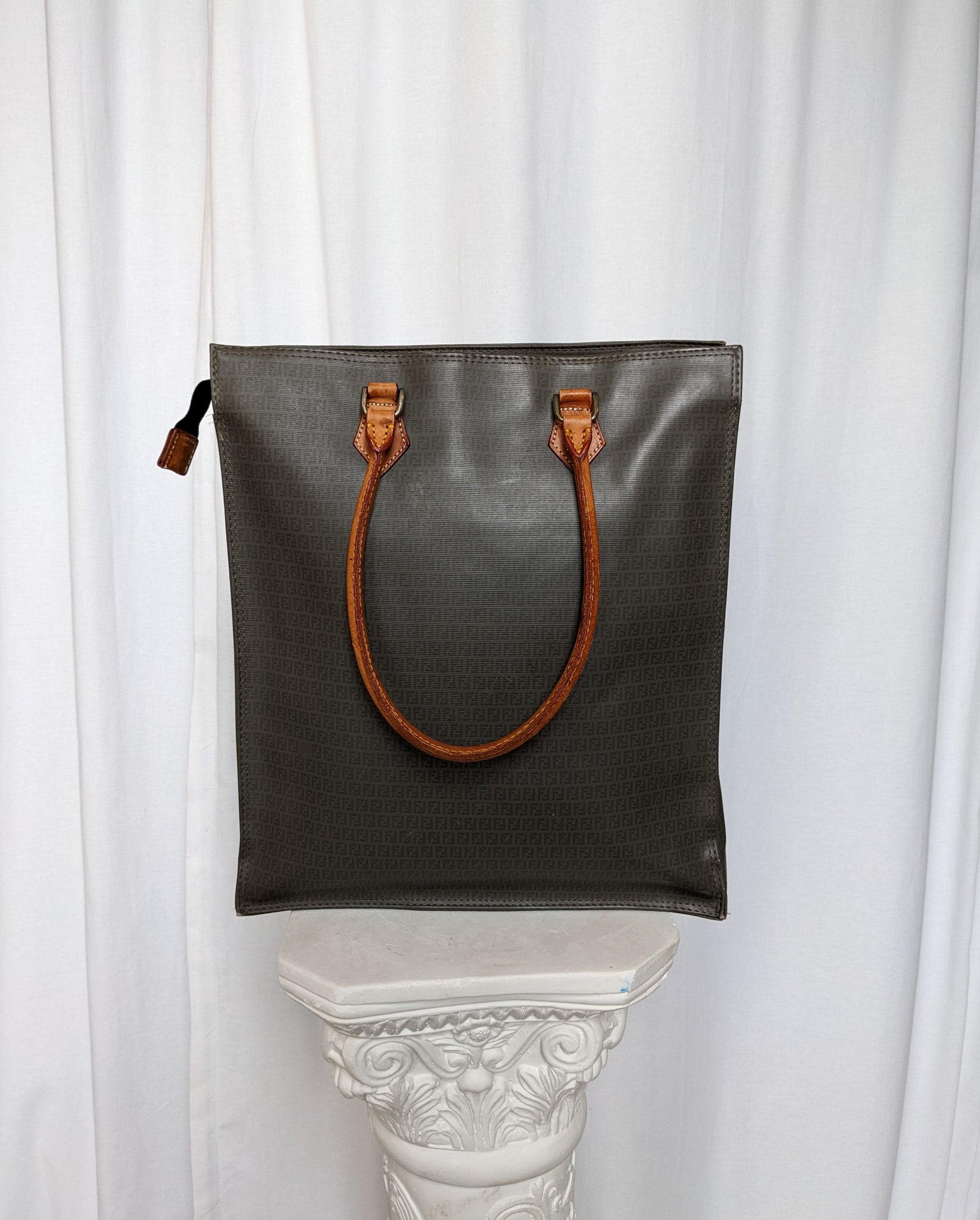 Vintage Brown-Grey Monogramed Fendi Tote Bag With Brown Leather Handles