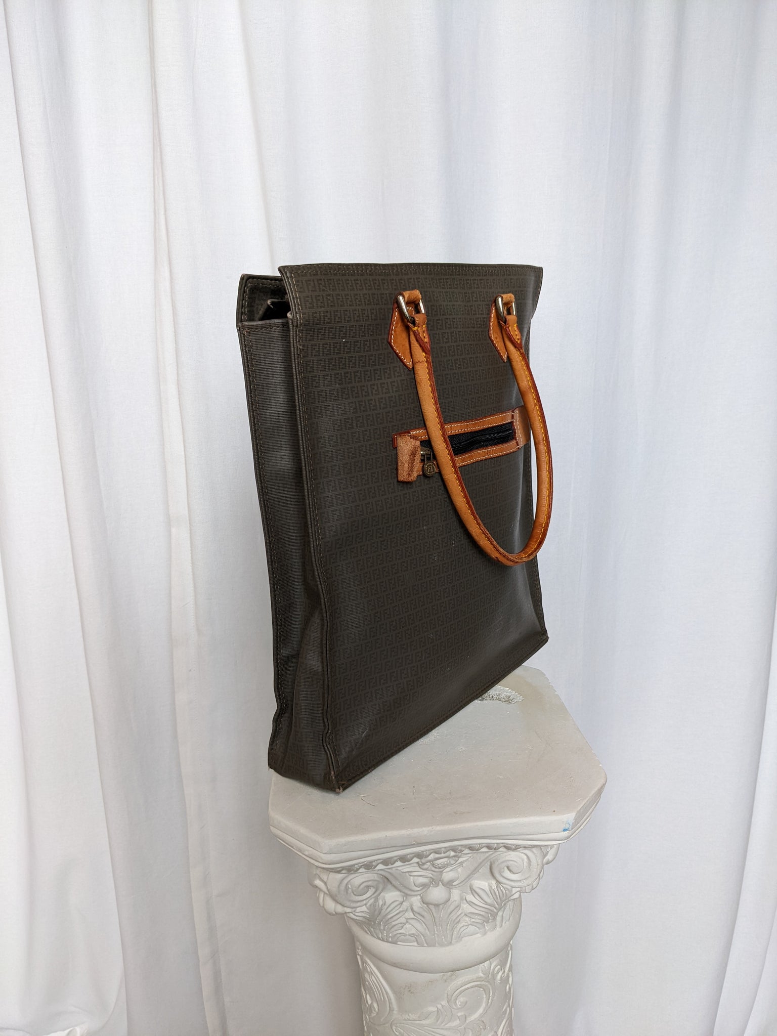 Vintage Brown-Grey Monogramed Fendi Tote Bag With Brown Leather Handles