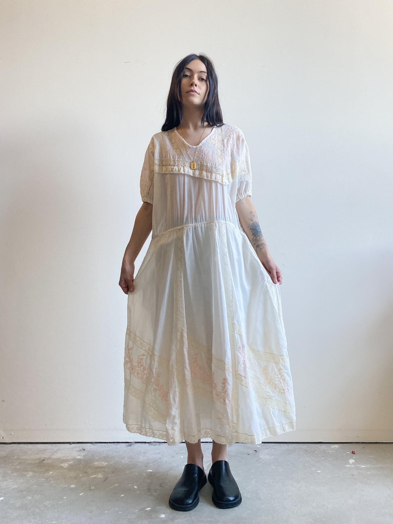 White Sheer Vintage Peasant Dress with Lace (XL/XXL)