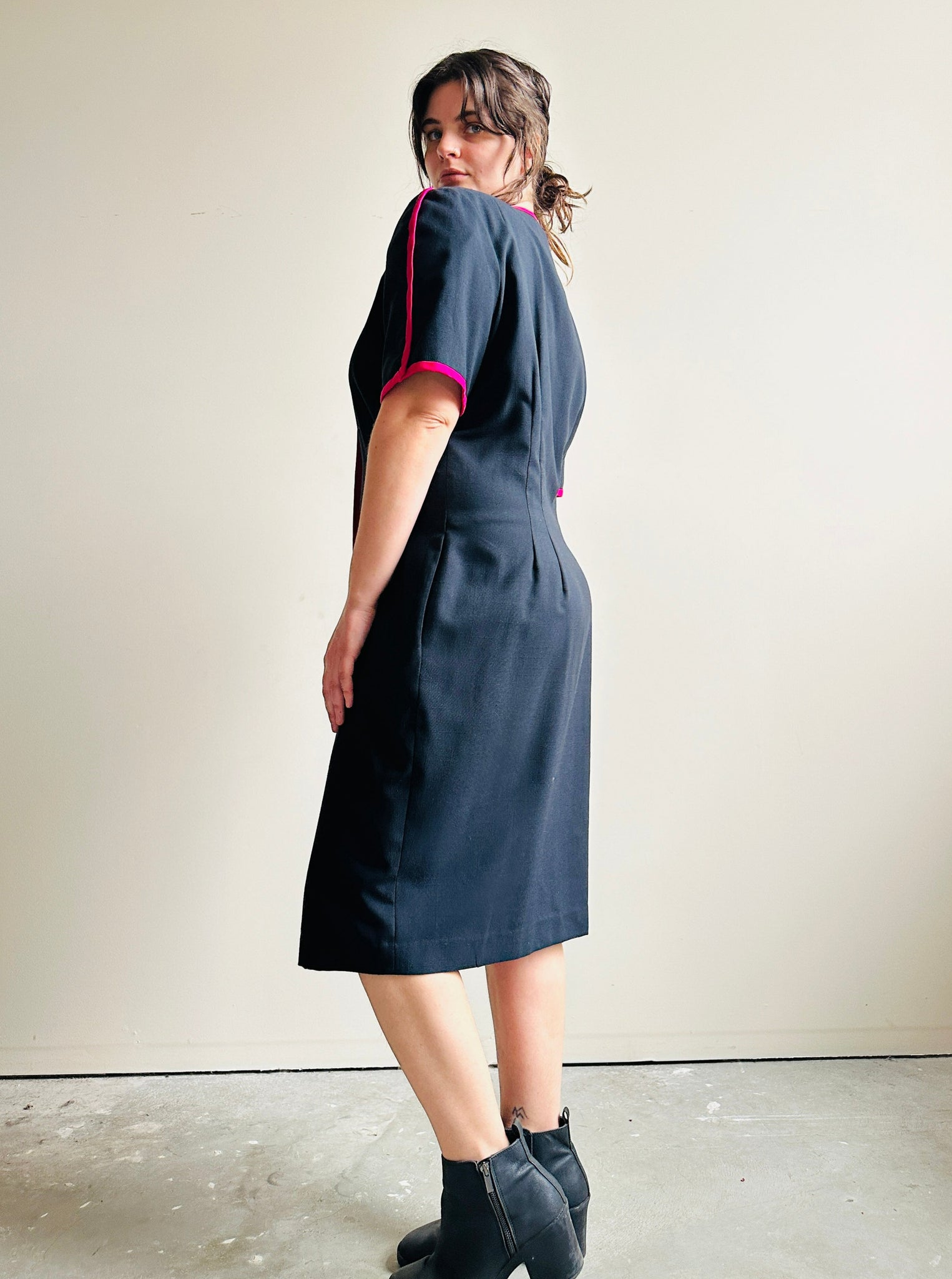 Vintage Black Button-Up Dress with Pink Trim  (XL)