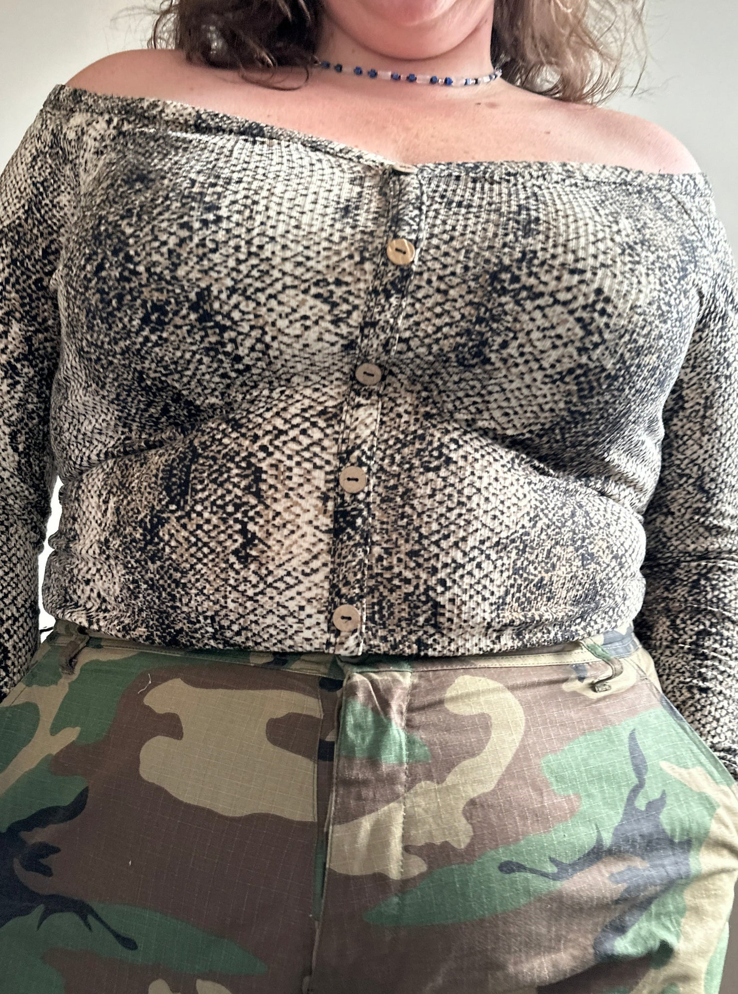 Snake Skin Printed Off The Shoulder Top with Buttons (2X)