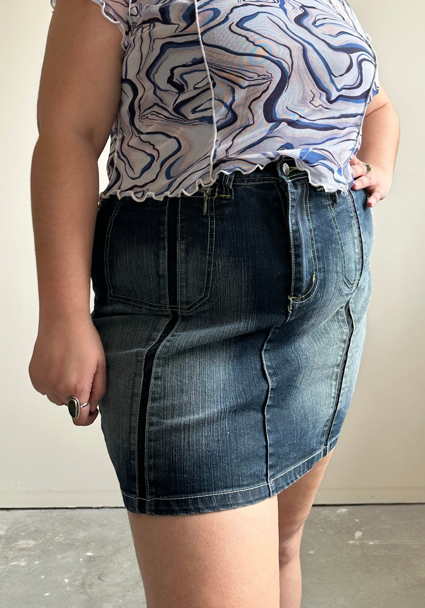 Denim Wash Skirt with Neon Green Stitching (2XL)