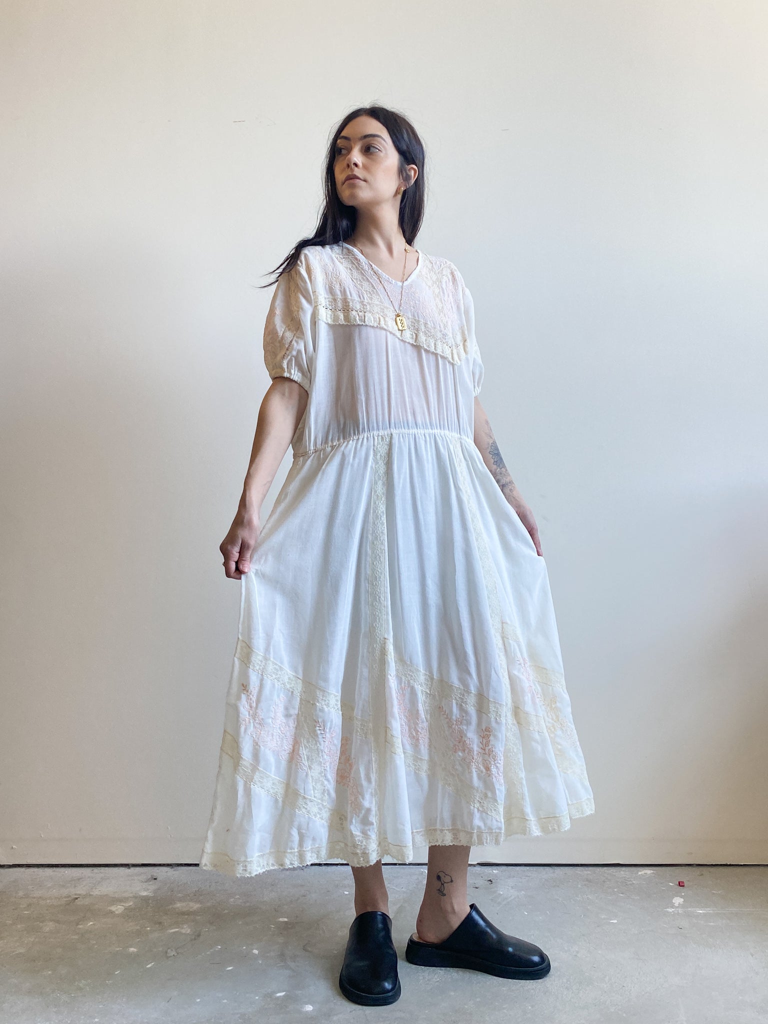 White Sheer Vintage Peasant Dress with Lace (XL/XXL)