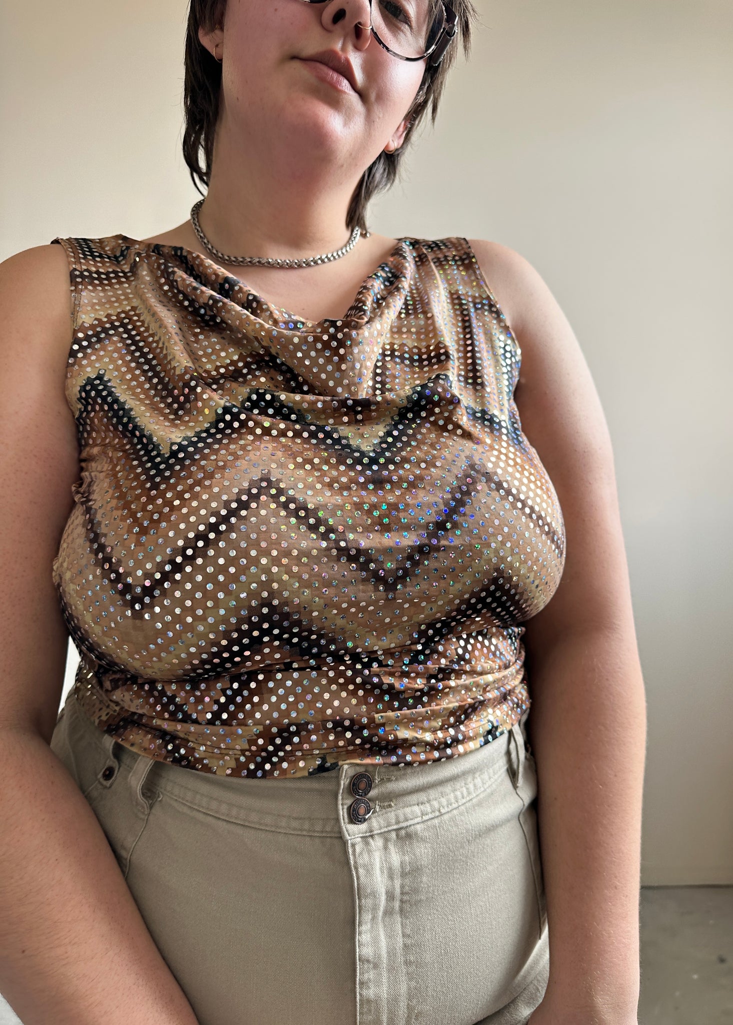 Printed and Sequined Cowl Neck Tank (2XL)