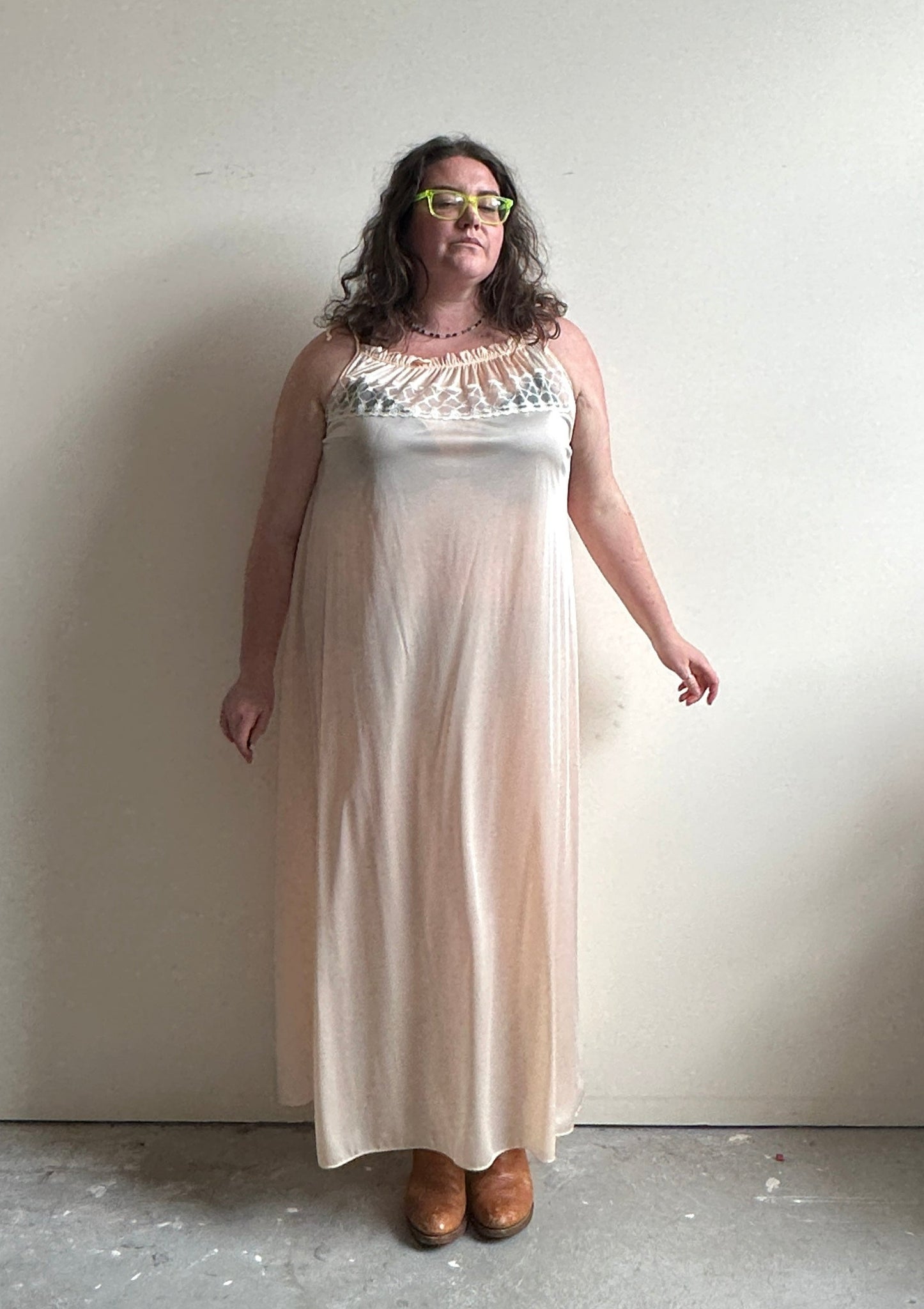 Cream Lace Accent Night Gown With Tie Shoulders (XL-2X)