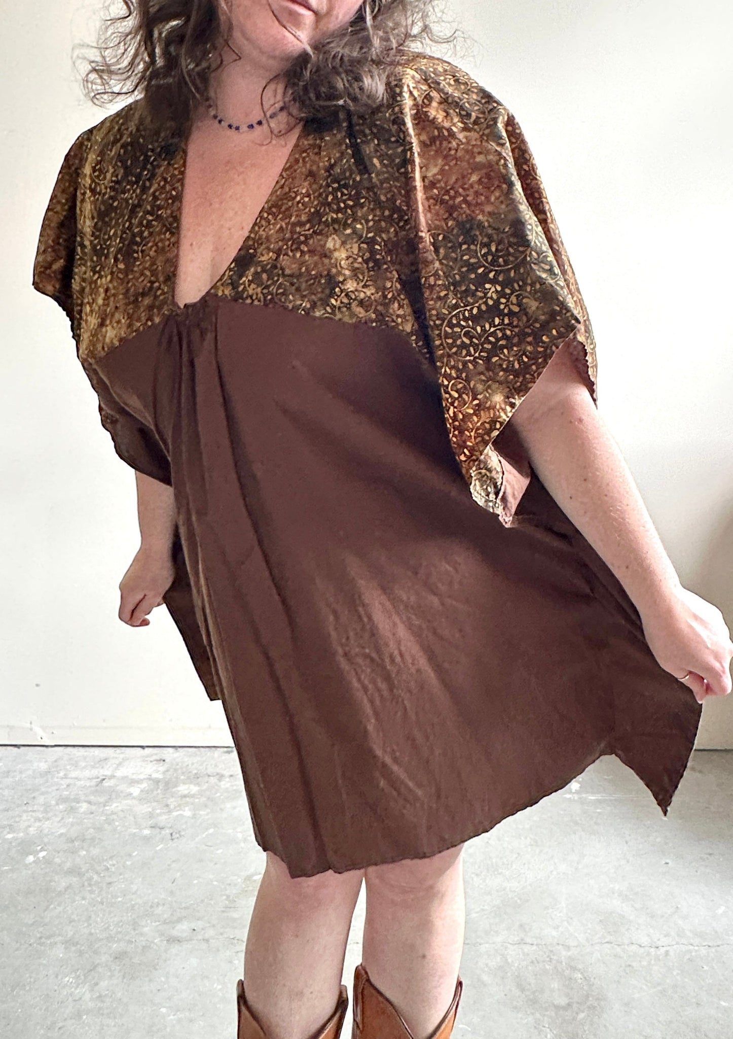 Handmade Brown Cotton Kaftan with Batik Print Shoulders (2X/3X)