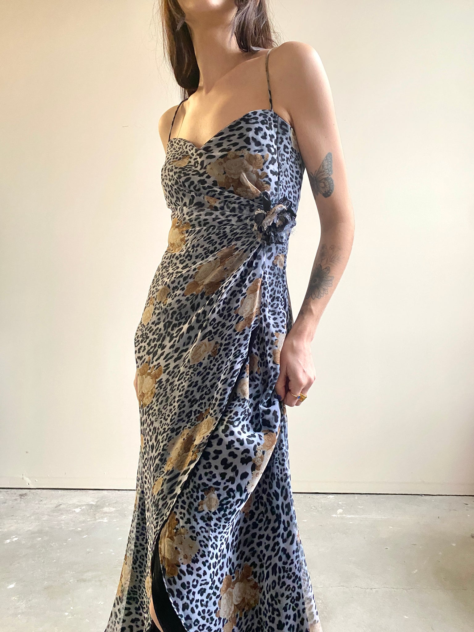 1990s Black and White Cheetah Print Gown with Brown Roses (S)