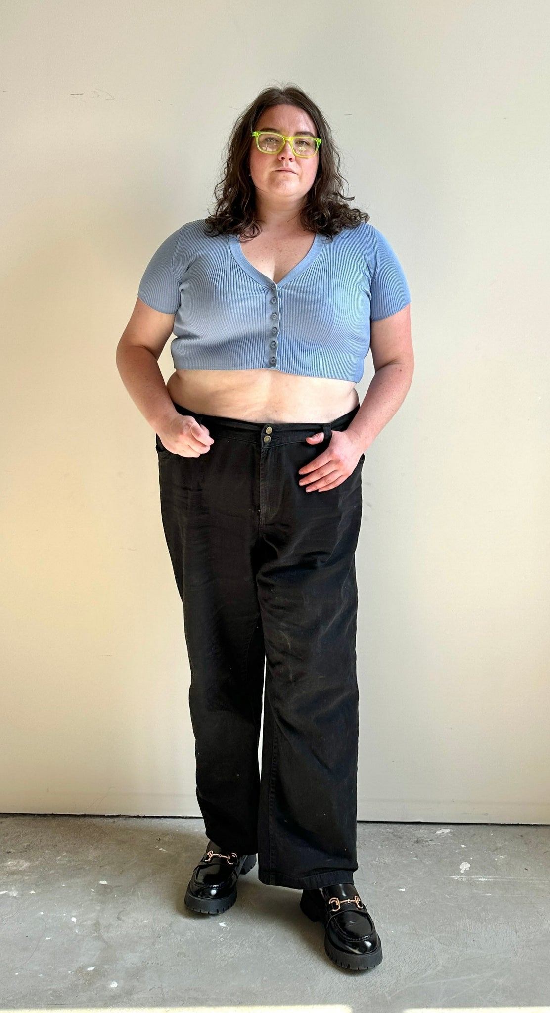 Blue Ribbed Front Button Crop Top (XL)